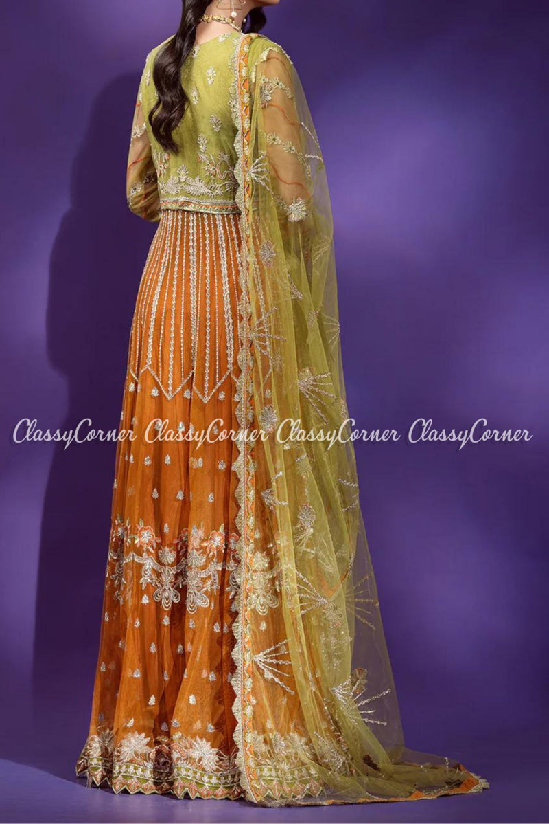 Green Orange Net Embroidered Formal Wear Gown