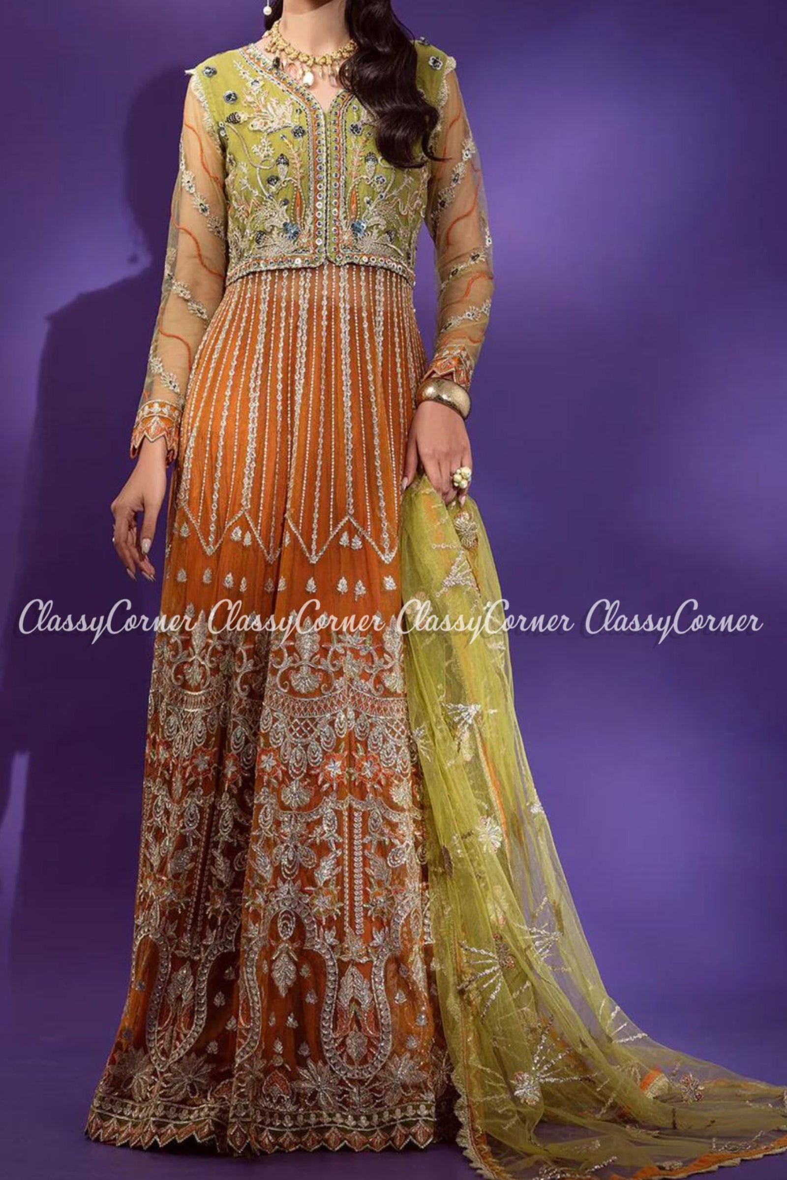Green Orange Net Embroidered Formal Wear Gown