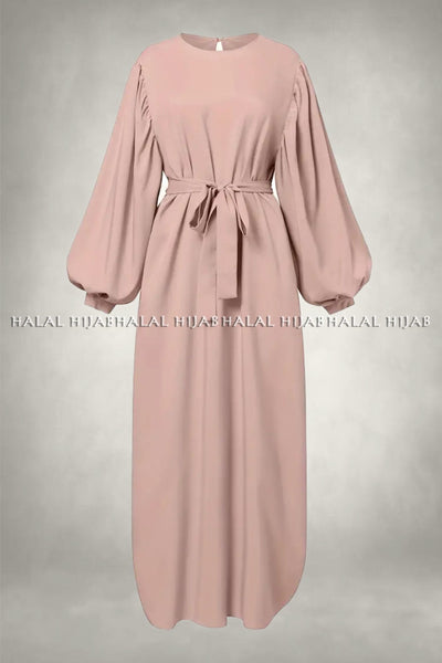 Plain Pink Long Sleeve Belted Abaya