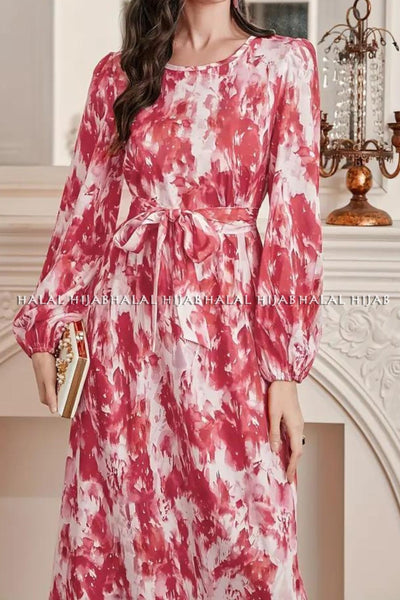 Pink White Floral Printed Full Sleeved Dress