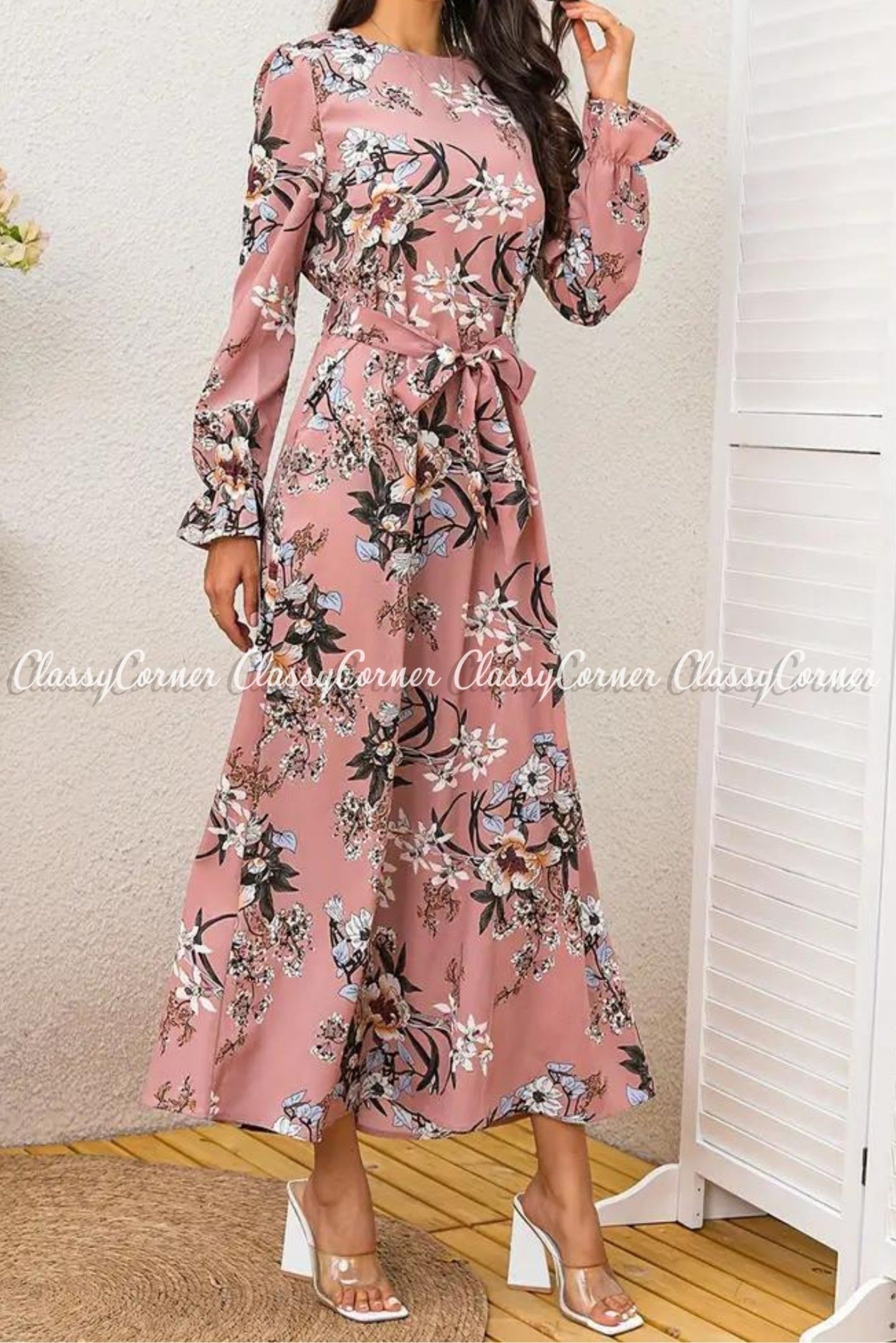 Pink Floral Printed Modest Dress