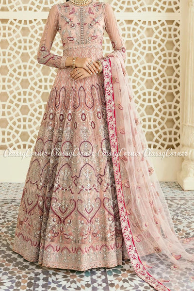 Pink Silver Net Embroidered Pakistani Formal Wear Gown