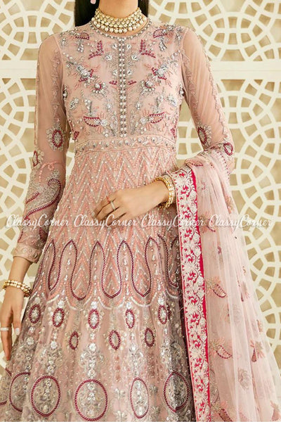 Pink Silver Net Embroidered Pakistani Formal Wear Gown