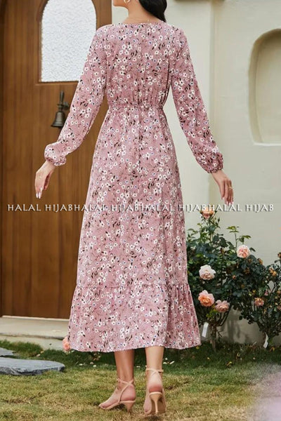 Pink All Over Floral Printed Full Sleeved Dress