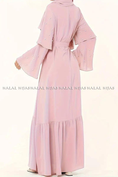 Plain Pink Beaded Abaya with Belt