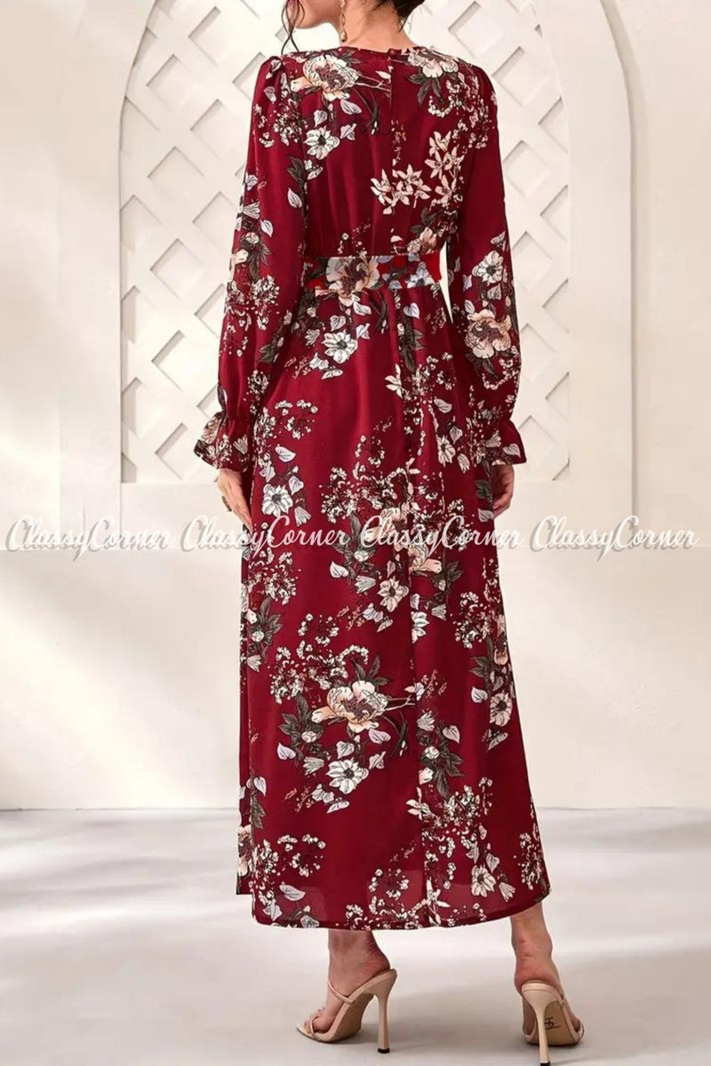 Red Floral Printed Modest Dress