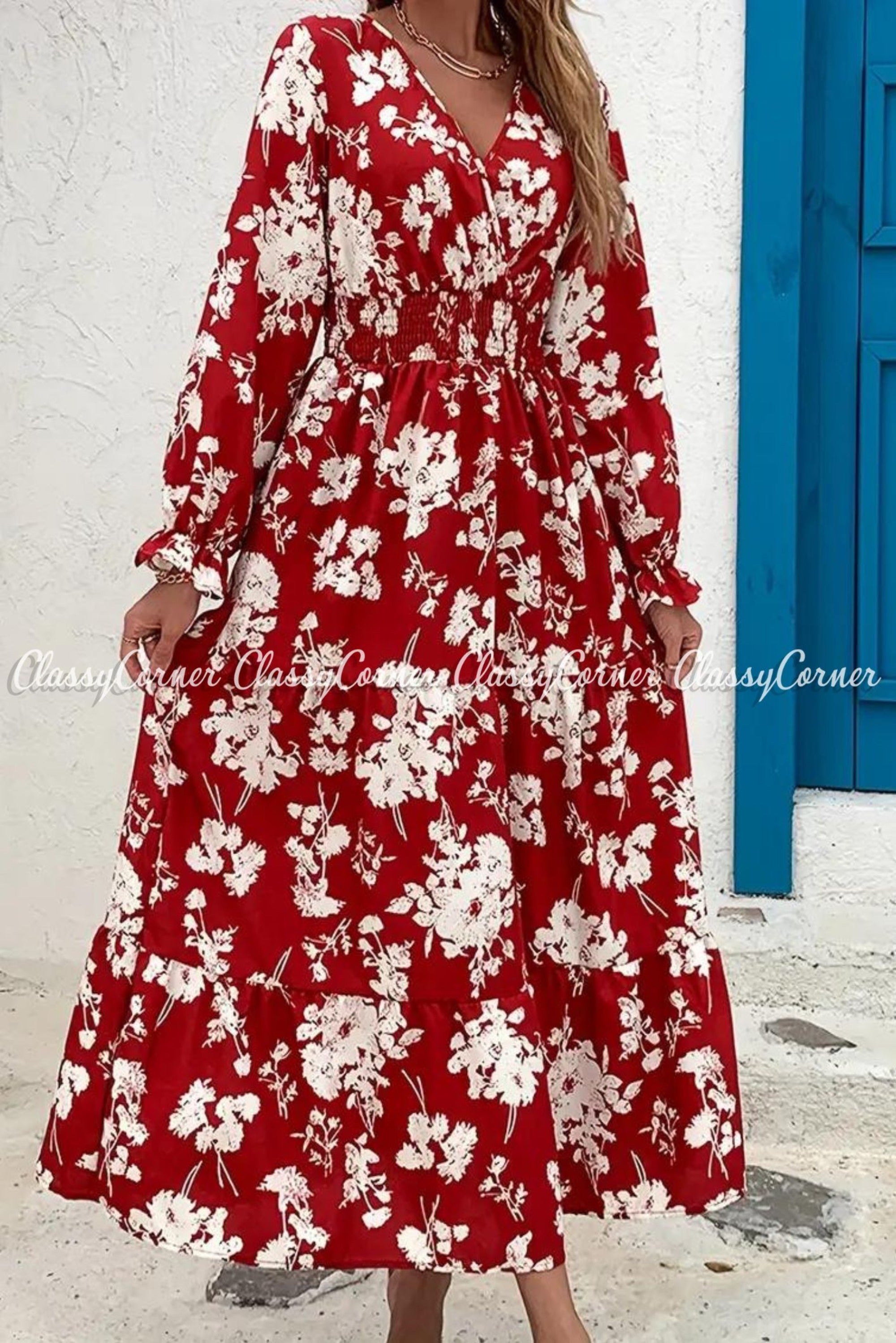 Red White Floral Printed Modest Dress