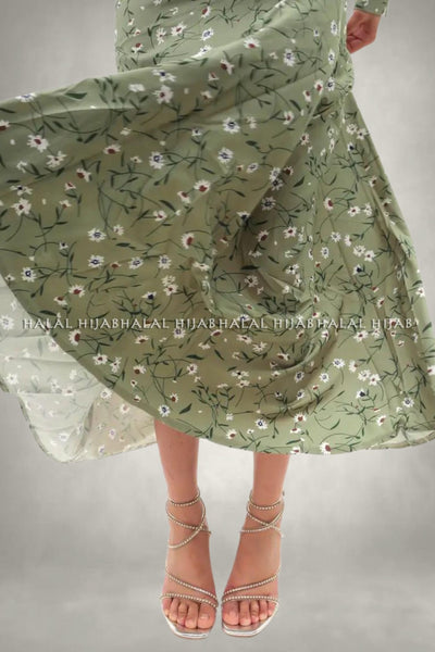 Sage Green Floral Printed Modest Dress