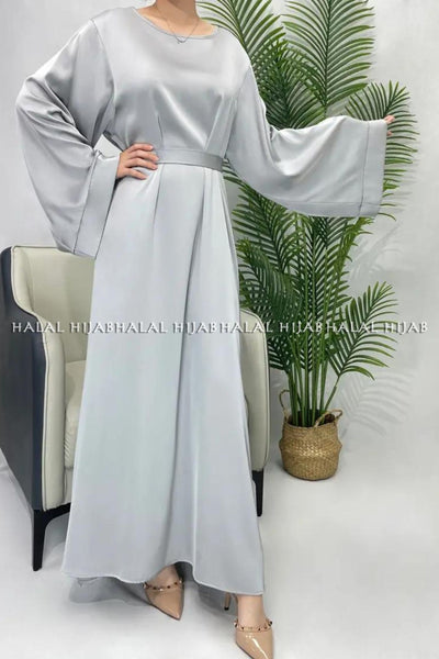 Plain Silver Grey Abaya Long Sleeve Satin Abaya