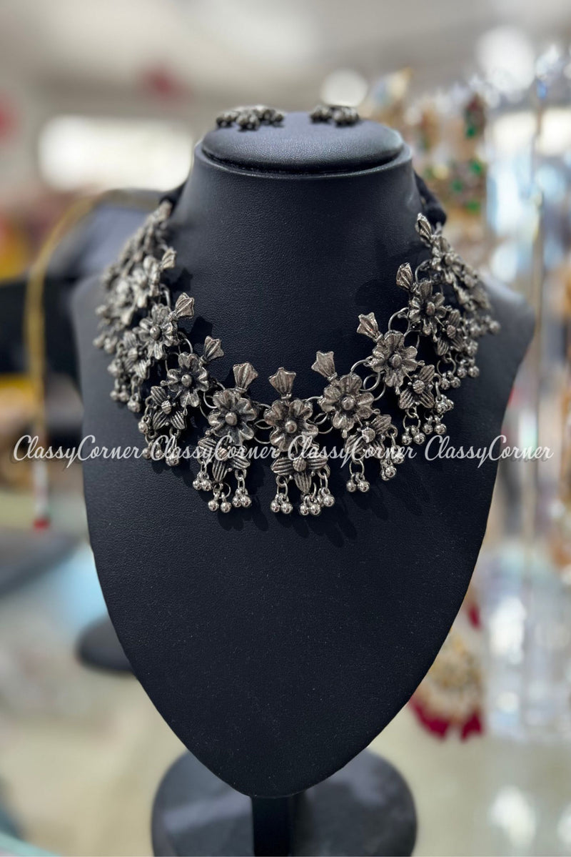 Silver Oxidised Floral Necklace Earrings Set