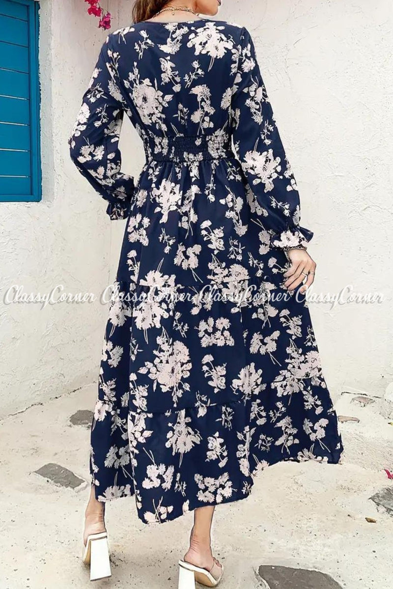 Blue White Floral Printed Modest Dress