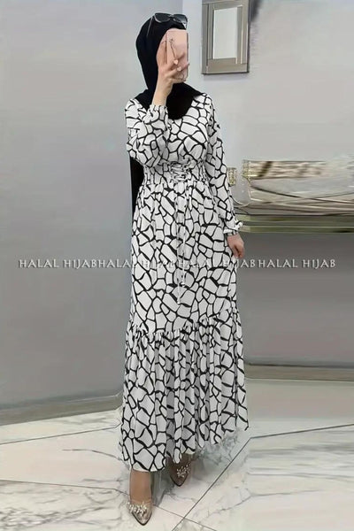 White Black Printed Long Maxi Dress