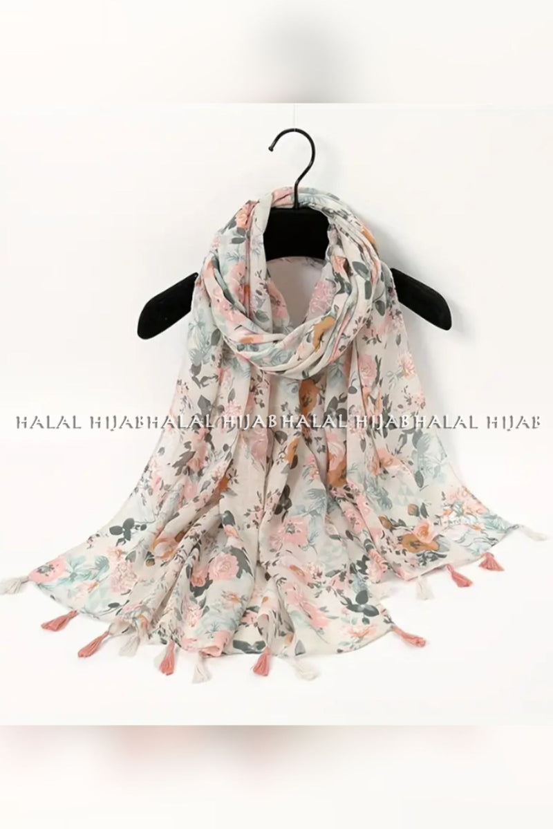 White Floral Print Hijab