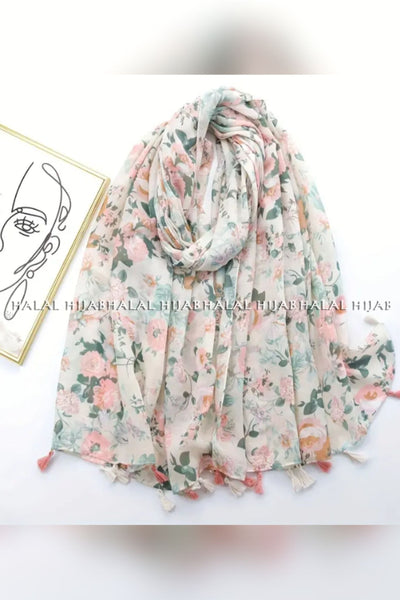 White Floral Print Hijab