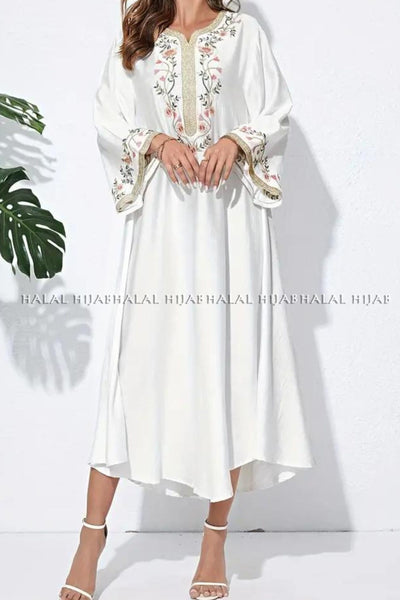 White Floral Embroidered Full Sleeved Dress