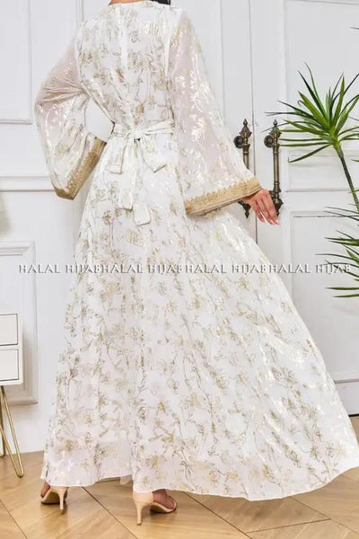 White Golden Floral Printed Long Dress
