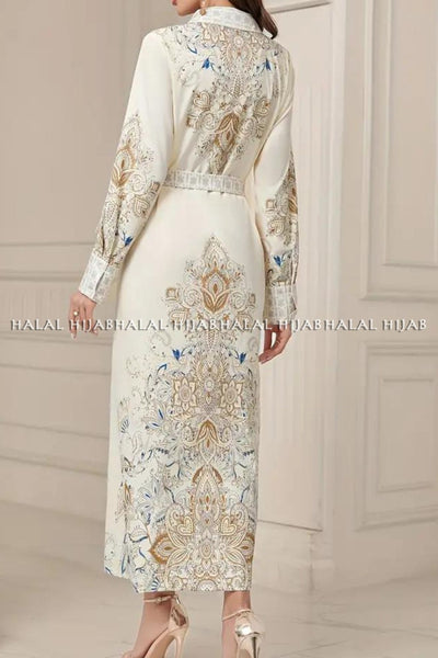 Cream White Printed Full Sleeved Dress