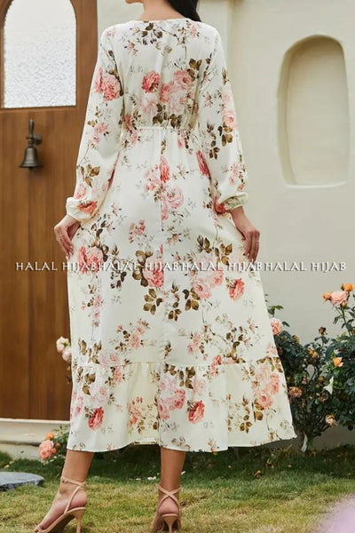 White Peach Floral Printed Full Sleeved Dress