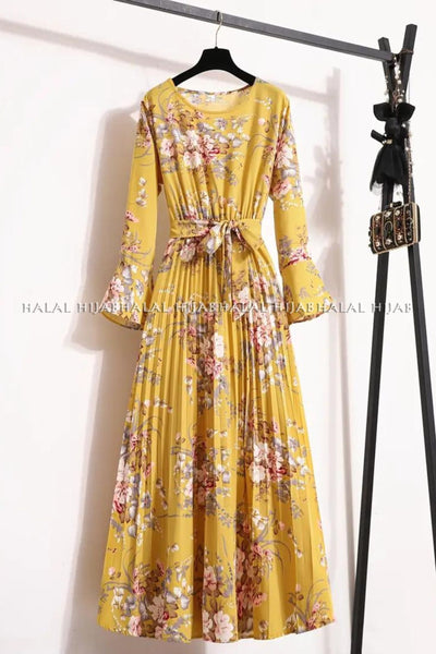Yellow Pink Printed Pleated Long Dress
