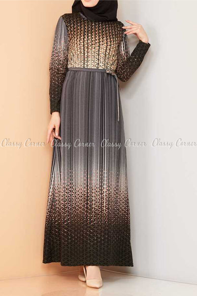 Abstract Pattern Black Modest Long Dress - front details