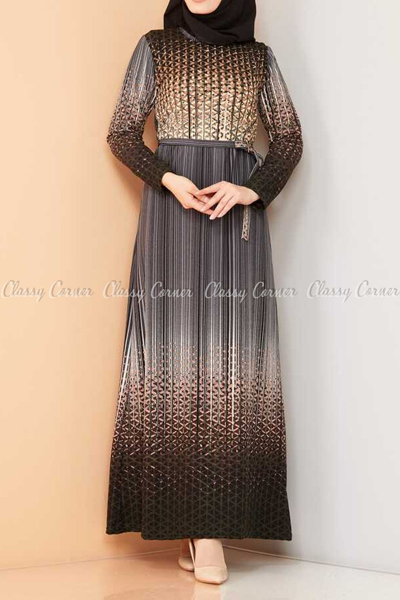 Abstract Pattern Black Modest Long Dress - full front view