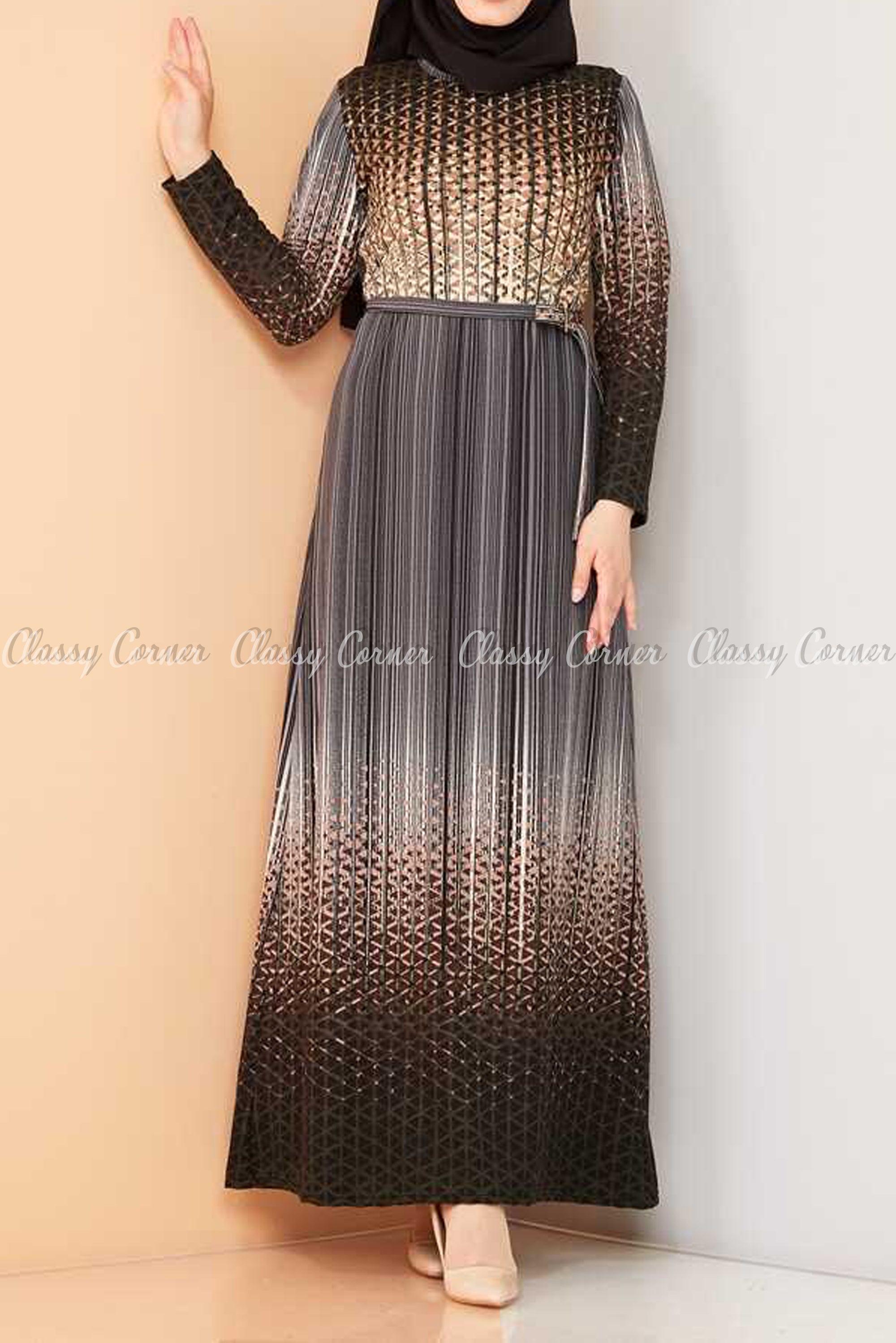 Abstract Pattern Black Modest Long Dress