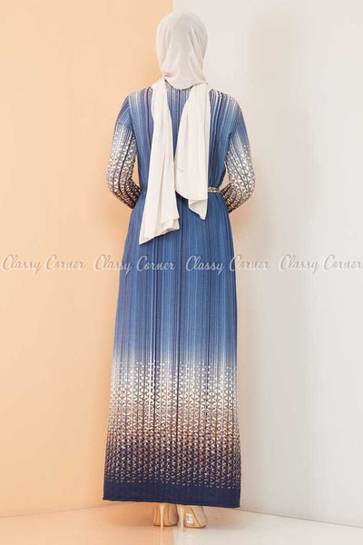Abstract Pattern Blue Modest Long Dress - back view
