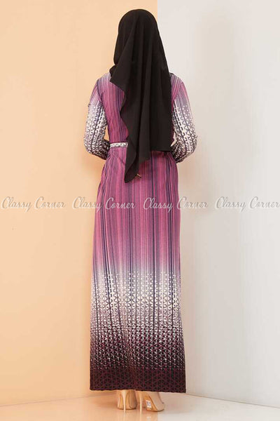 Abstract Pattern Pink Modest Long Dress - back view