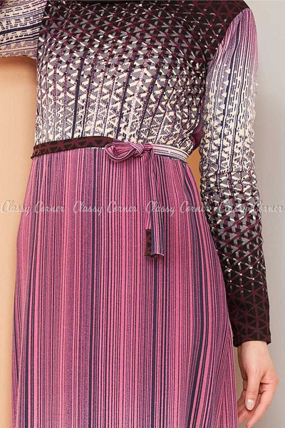 Abstract Pattern Pink Modest Long Dress - design details