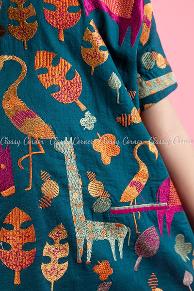 Animal and Leafy Embroidery Design Teal Kids Salwar Kameez - design details