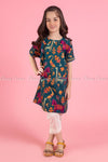 Animal and Leafy Embroidery Design Teal Kids Salwar Kameez - full front view
