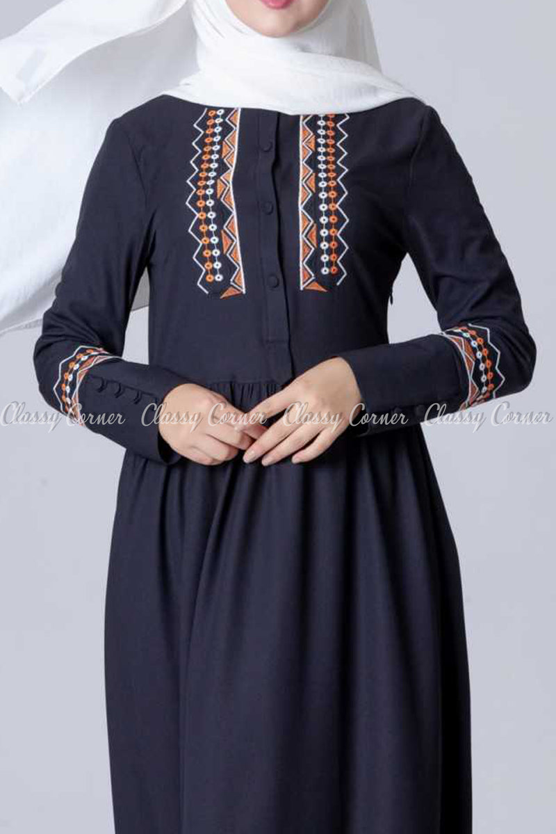 Aztec Embroidery Design Black Modest Long Dress - full front view