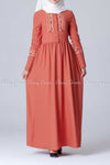 Aztec Embroidery Design Orange Modest Long Dress - full front view