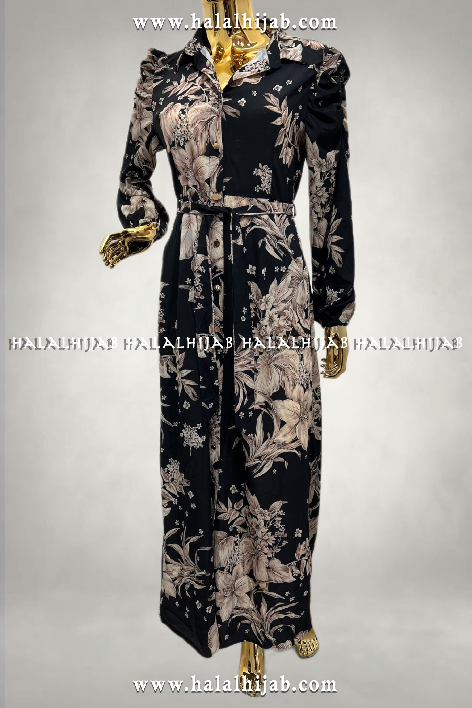 Floral Print Neutral Colour and Black Modest Long Dress