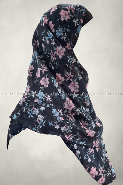Black Pink Blue Floral Soft Chiffon Instant Hijab
