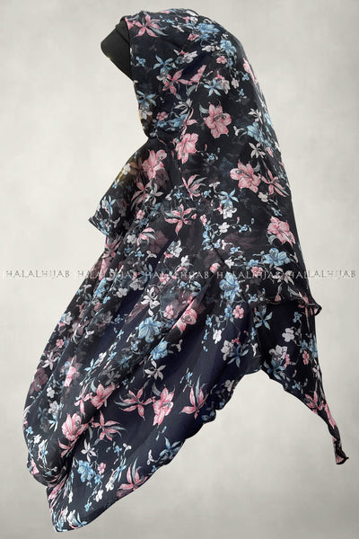 Black Pink Blue Floral Soft Chiffon Instant Hijab