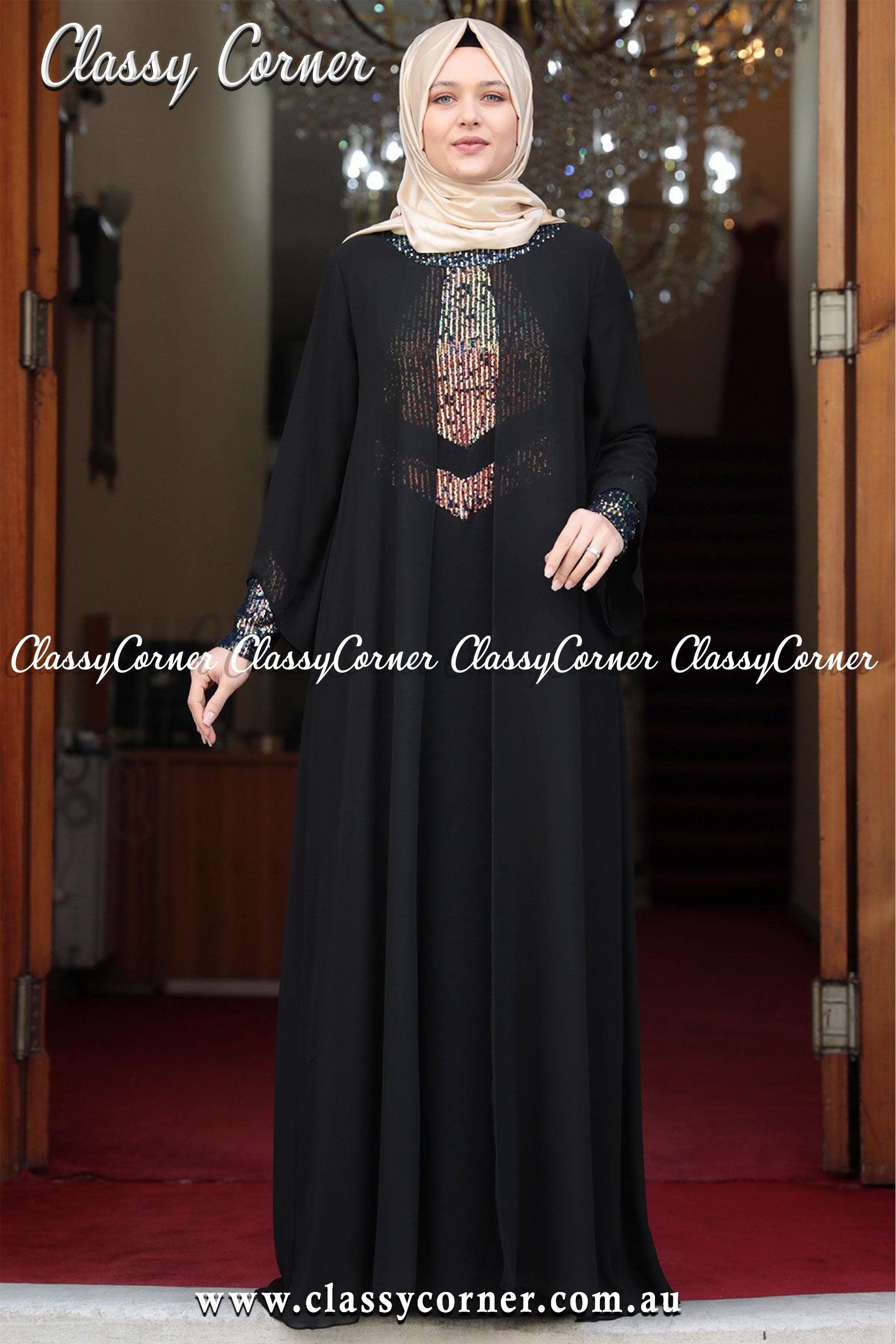 Black Sequinned Chiffon Abaya