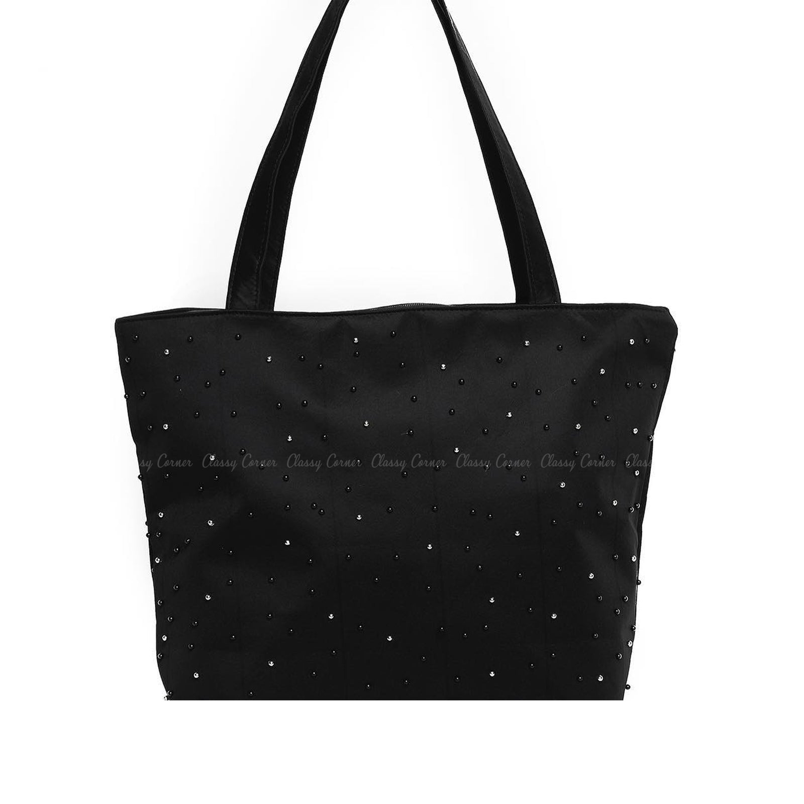 Black Silver Beads Design with Zipper Black Beach Tote Bag
