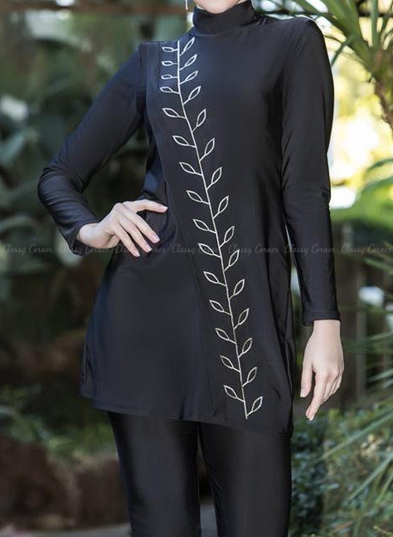 Black White Symmetrical Leafy Design Full Bodysuit  Swimsuit