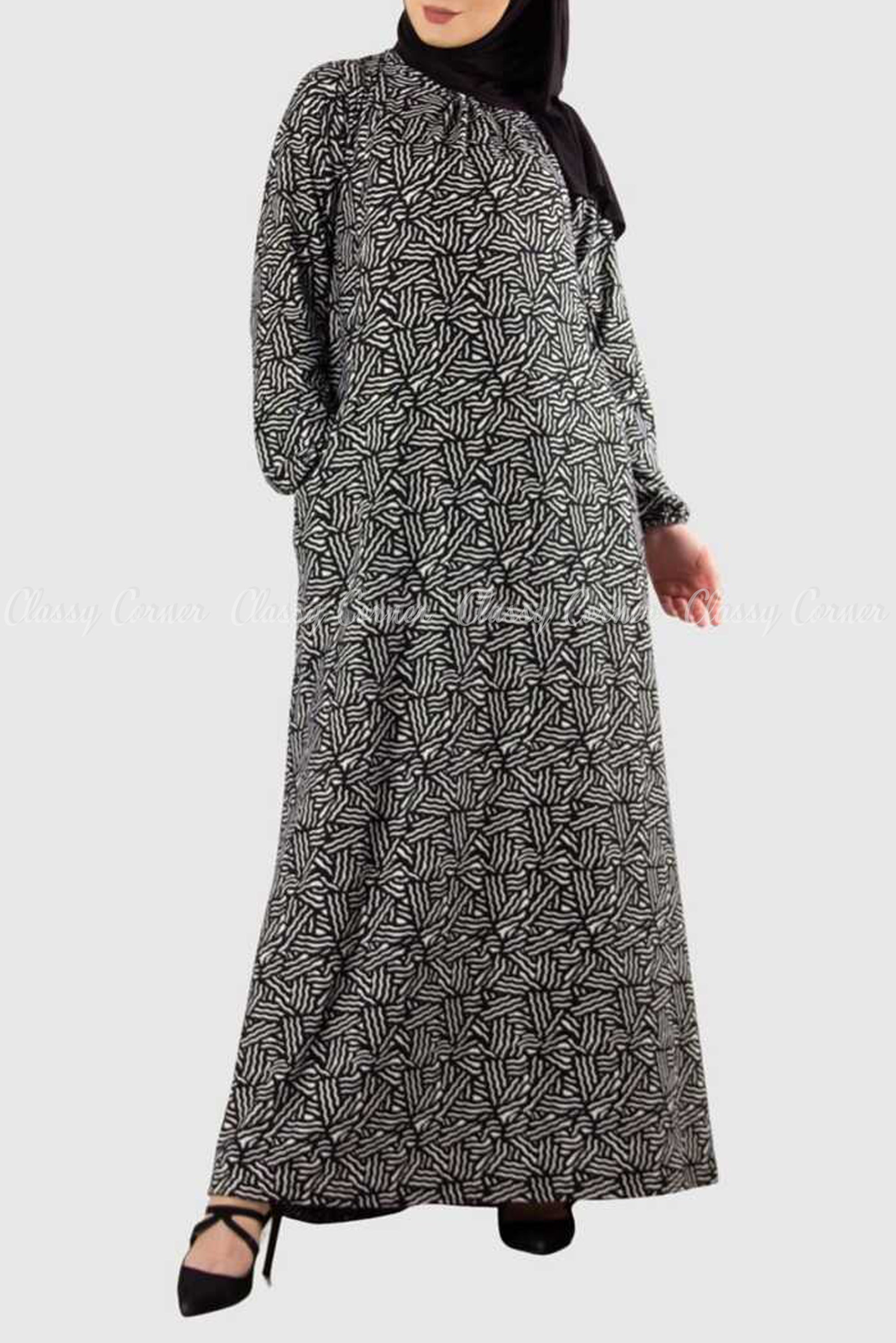 Black and White Abstract Line Print Long Dress