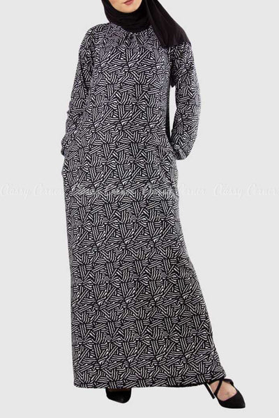 Black and White Abstract Line Print Long Dress Front View
