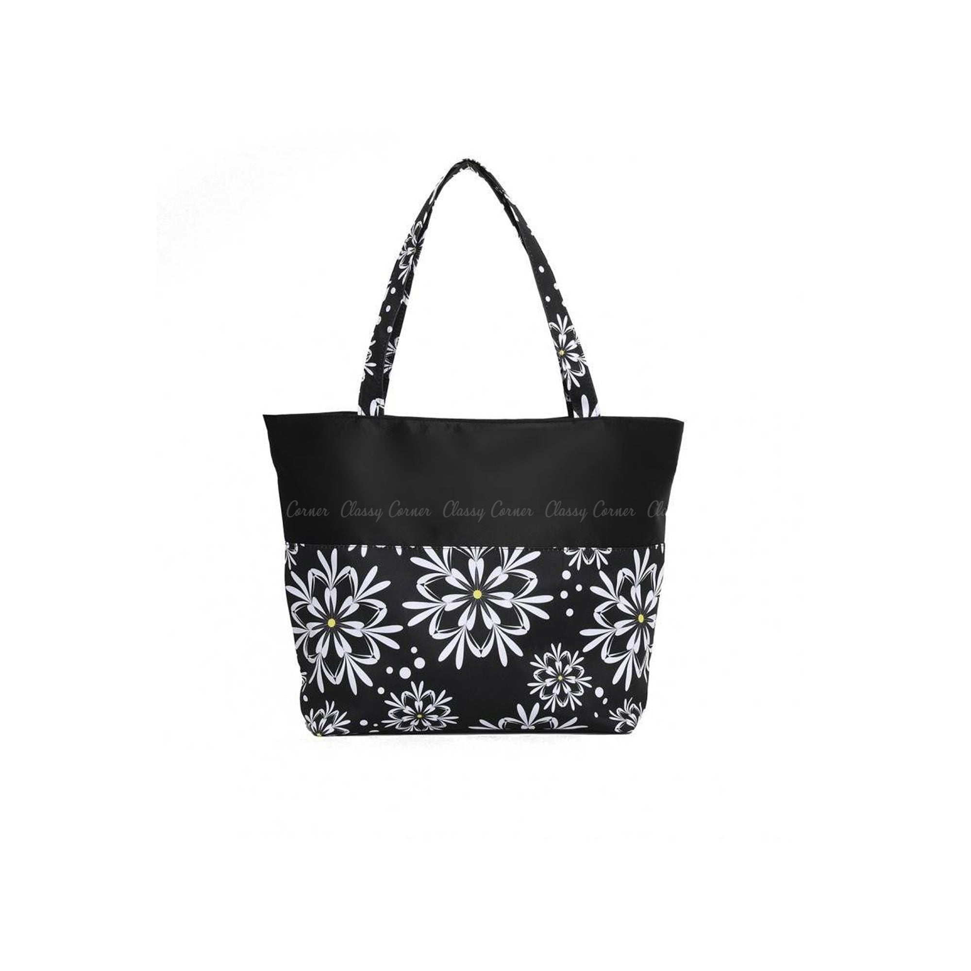 Black and White Floral Print Beach Bag