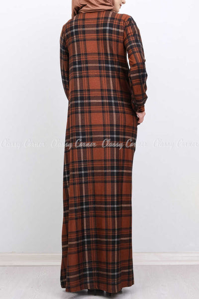 Black and  White Plaid Print Brown Modest  Long Dress - back View