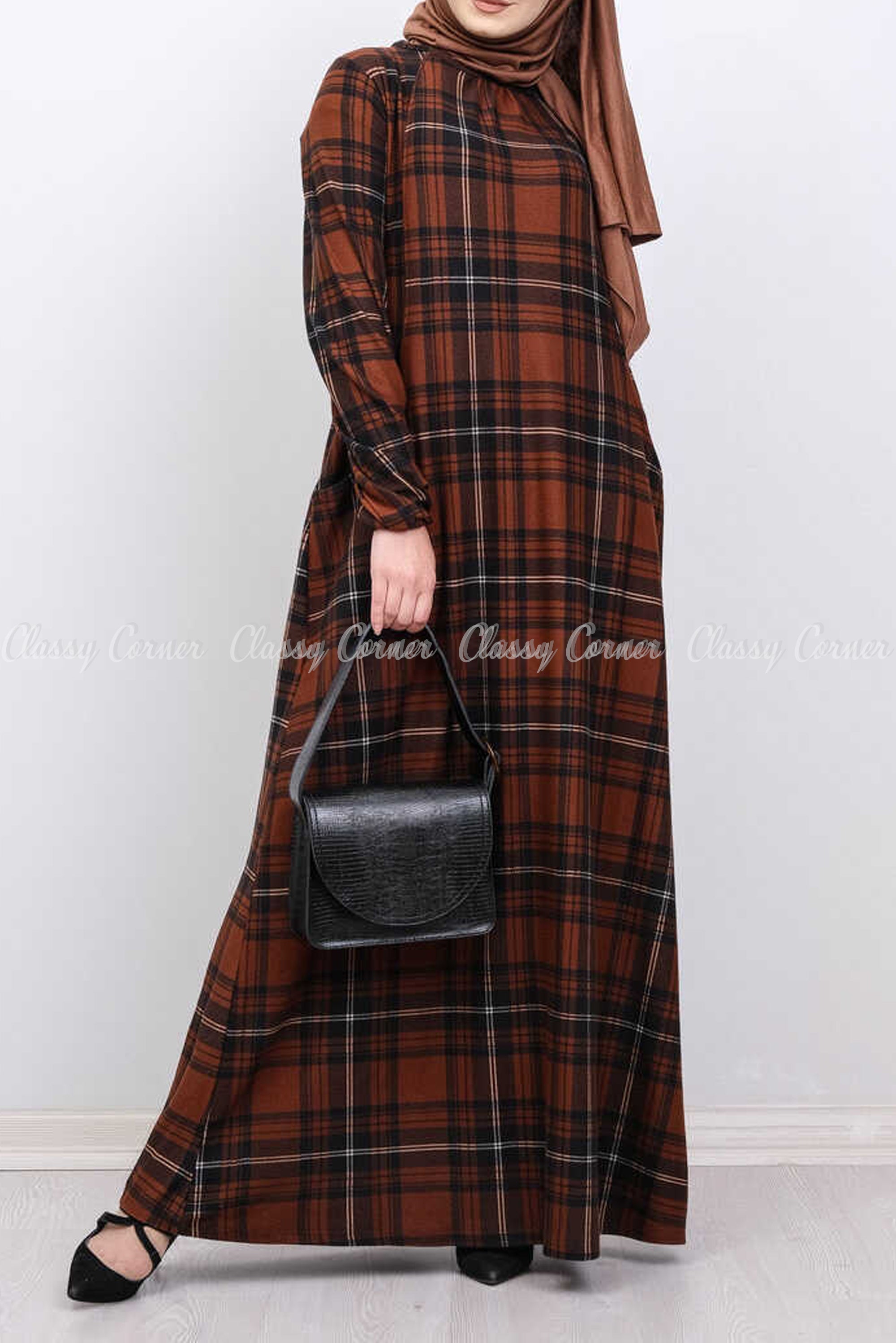 Black and  White Plaid Print Brown Modest  Long Dress - front view