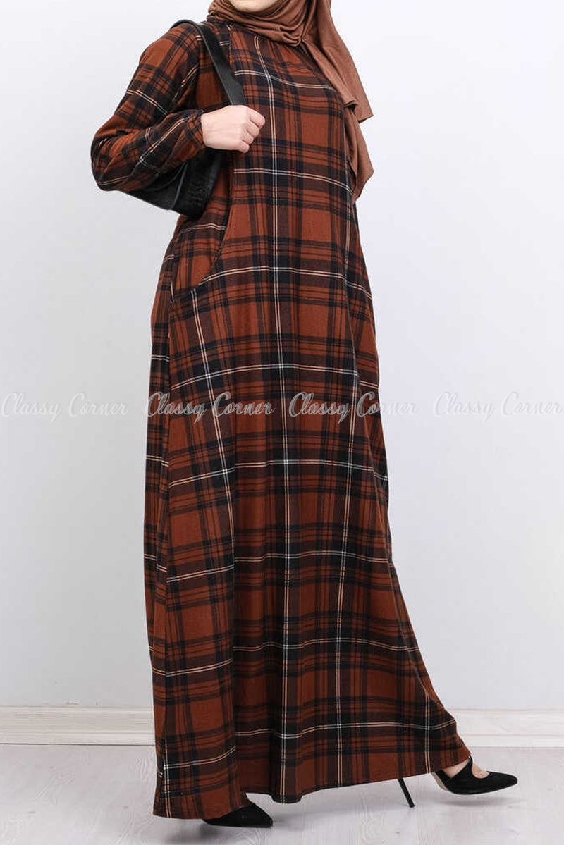 Black and  White Plaid Print Brown Modest  Long Dress - front view