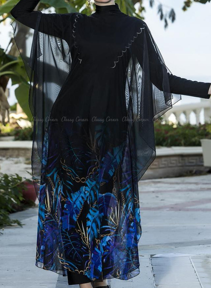 Blue Shades Leafy and Gold Chain Prints Black Swim Wear Cover Up