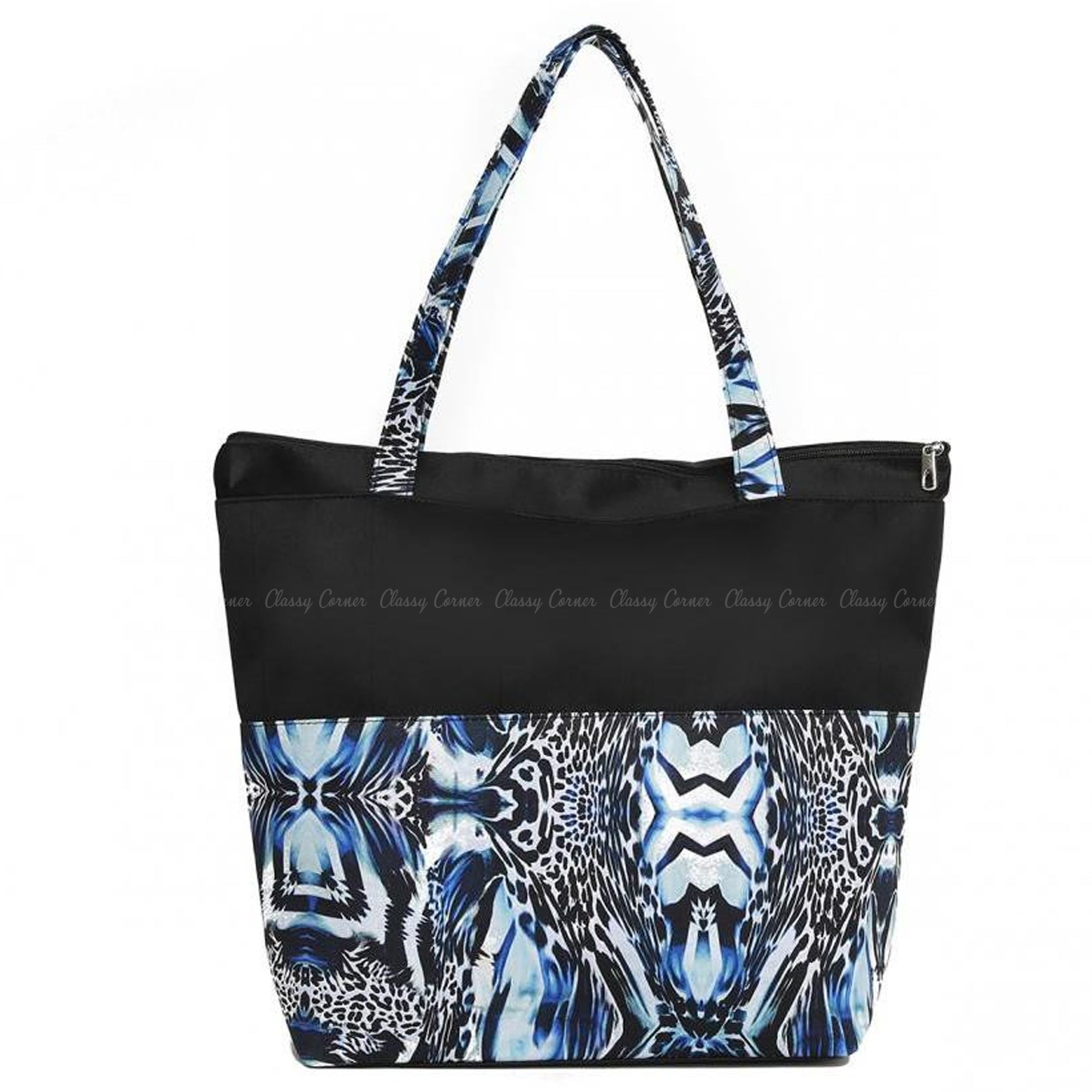 Blue Abstract Print Design with Zipper Black Beach Tote Bag