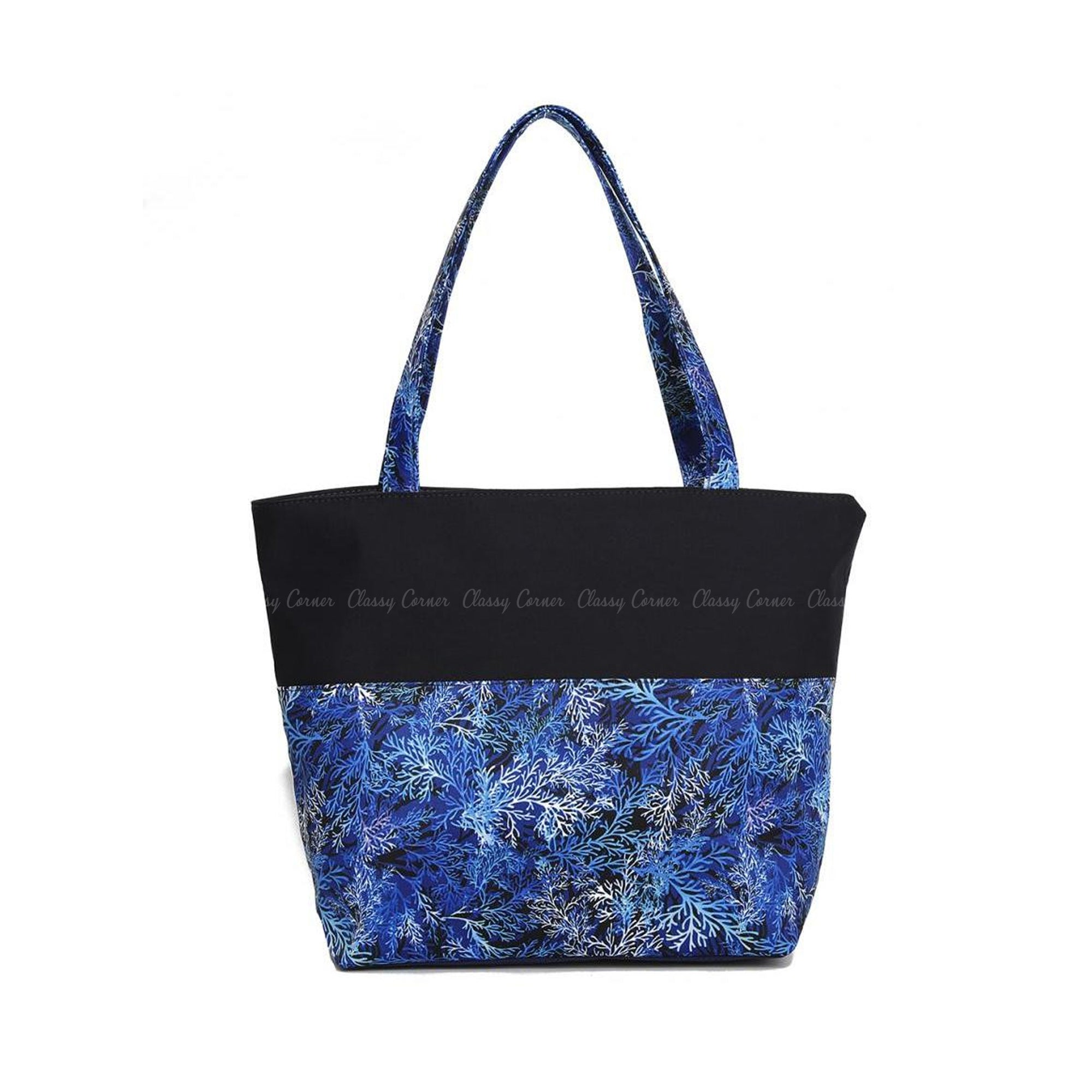 Blue Shades Leafy Prints Design Black Beach Bag