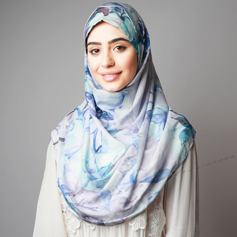 Matte Stone Pale Blue Leafy Floral Print Instant Hijab
