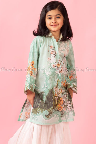 Botanical Print and Embroidery Green White Kids Salwar Kameez - front view